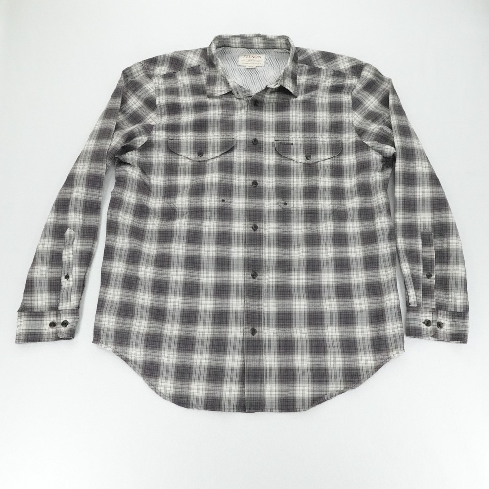 Filson Shirt Mens XL Gray Plaid Vented Mesh Lined Outdoor Fishing Hiking Button